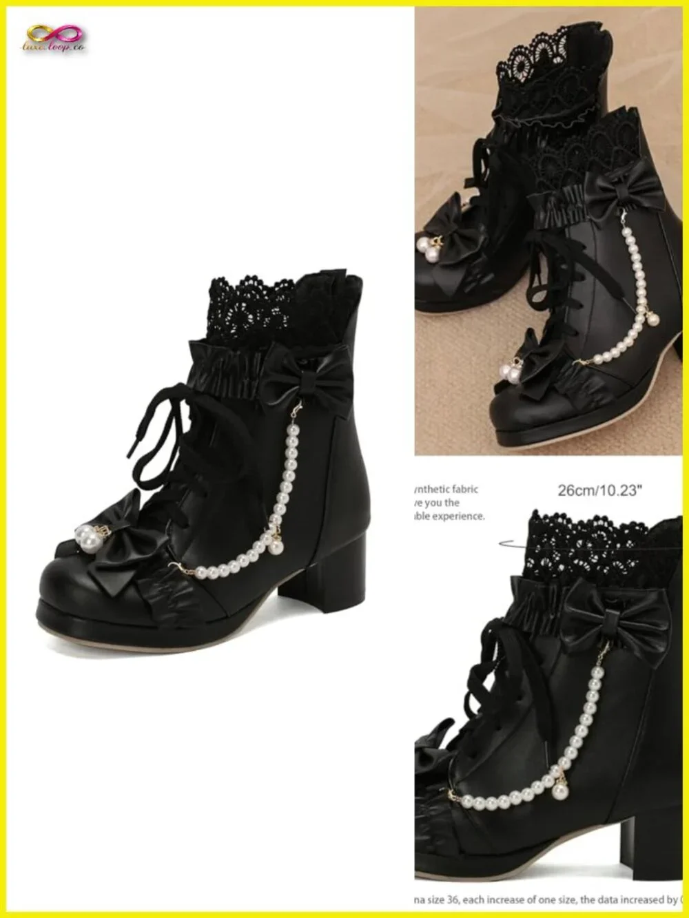 Chunky Mid Heel Ankle Boots Bow Platform Lace Up Booties with Pearl